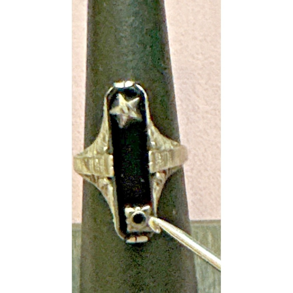 Antique 14K White Gold Eastern Star Onyx Filigree Ring Sz 5 Missing Diamond READ - Picture 2 of 12